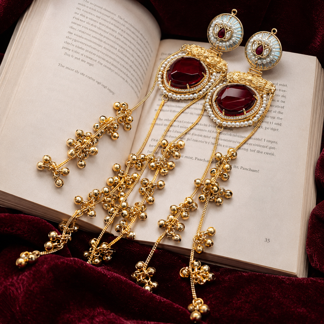 A pair of ornate gold-toned traditional earrings with large oval maroon-red stones and dangling beaded chains, displayed on an open book over deep burgundy velvet fabric.