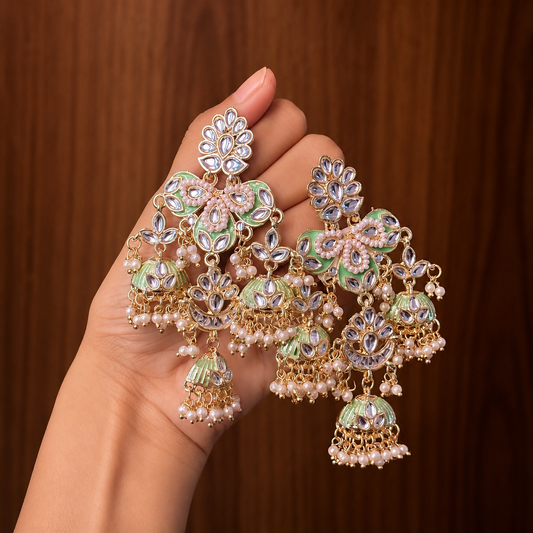 Mint Green Meenakari Kundan Brass Jhumka Earrings