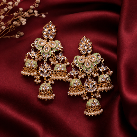 Mint Green Meenakari Kundan Brass Jhumka Earrings