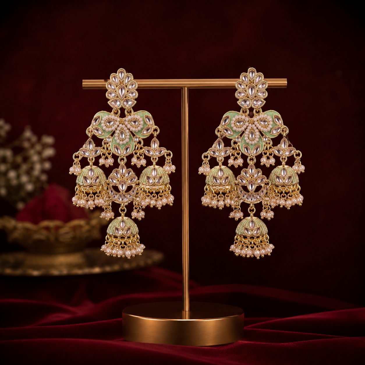 Mint Green Meenakari Kundan Brass Jhumka Earrings
