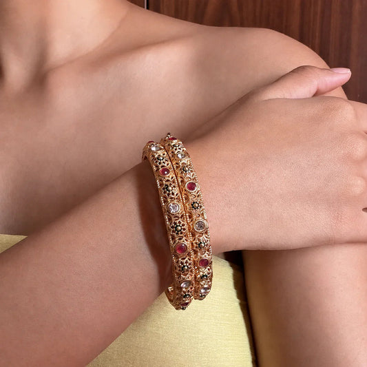 Antique Gold Kundan Stone Bangle Pair - Jajra