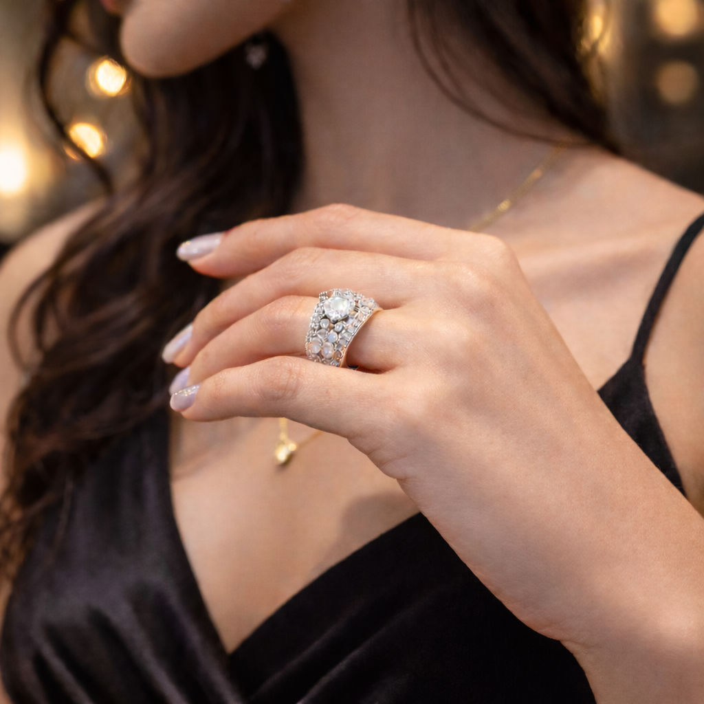 Aveen American Diamond Halo White Cocktail Ring