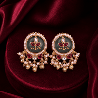 Gold-tone black round stud earrings with pearl-like bead fringe and red accent detailing