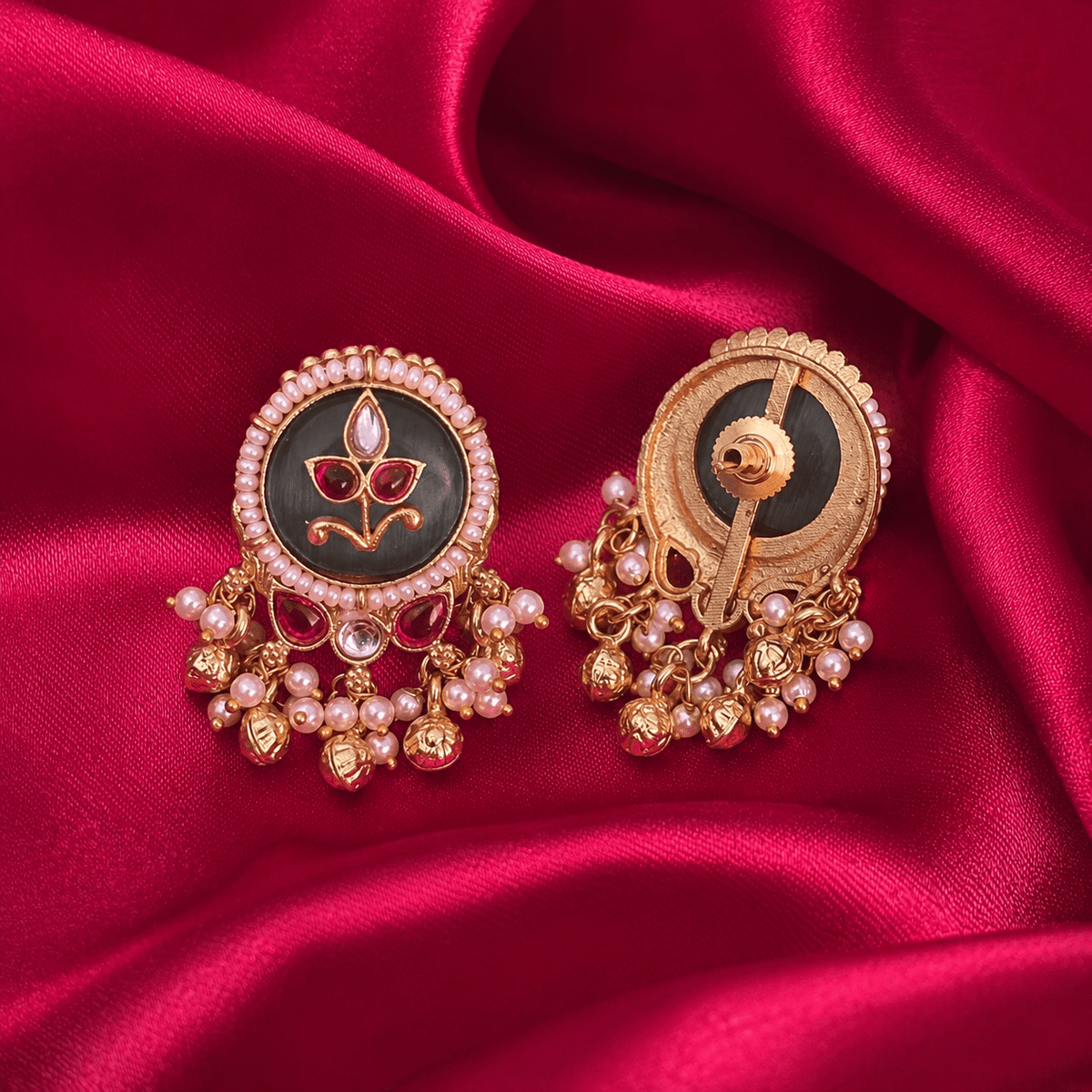Gold-tone back view of black round stud earrings with pearl-like bead fringe