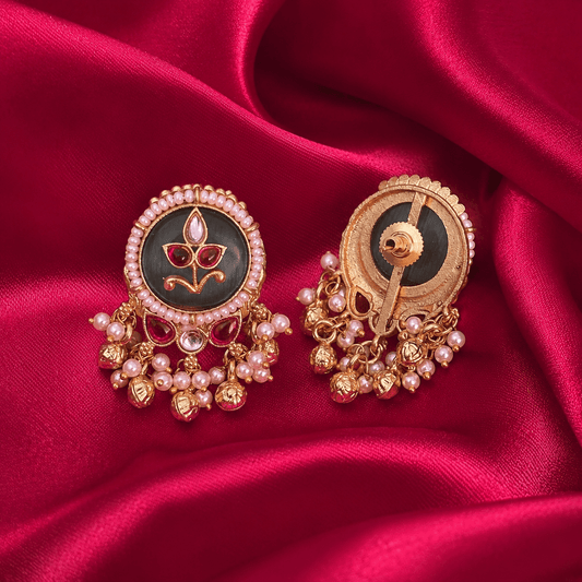 Gold-tone back view of black round stud earrings with pearl-like bead fringe