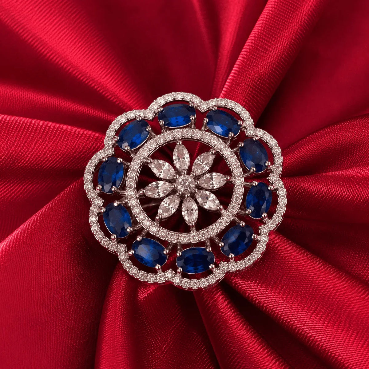 Blue American Diamond Floral Cocktail Ring - Jajra™