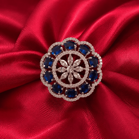 Blue American Diamond Floral Cocktail Ring - Jajra™