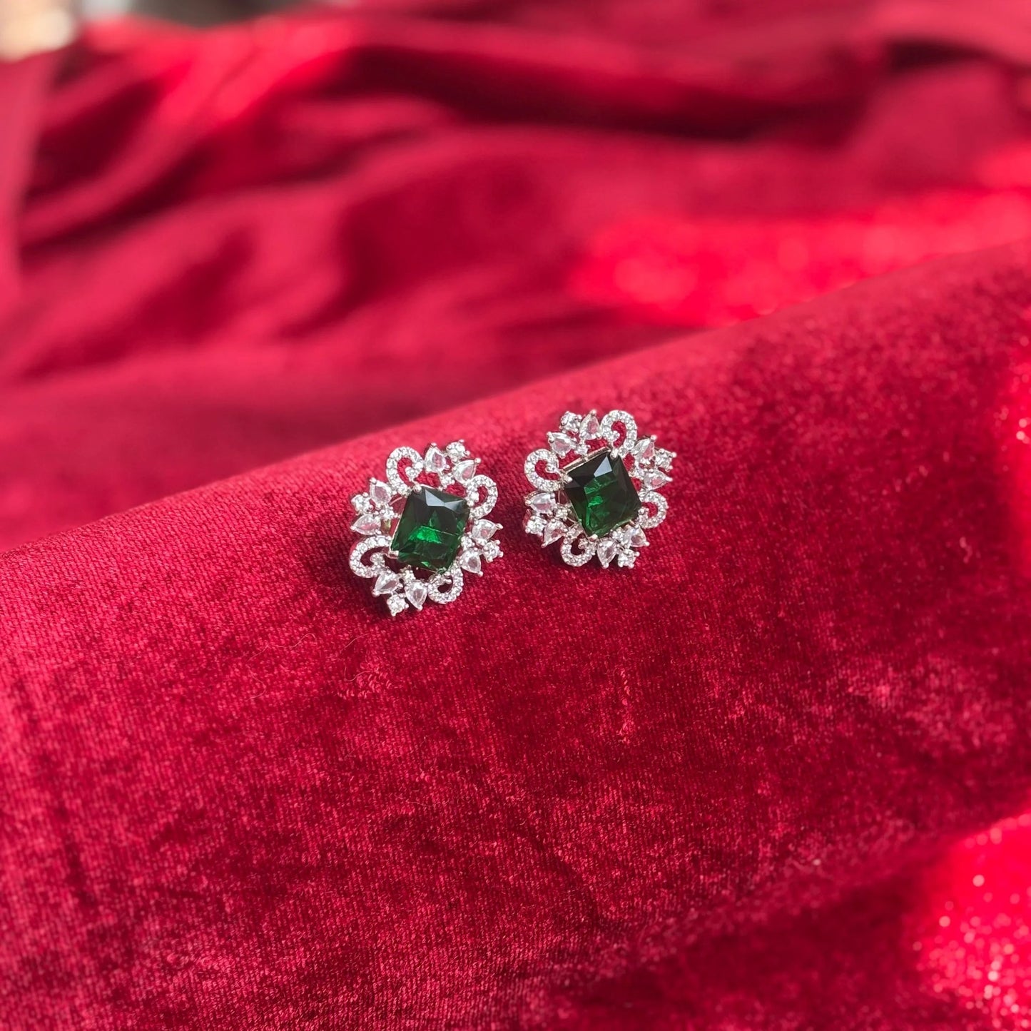 Elara Emerald Green Stone American Diamond Earrings - Jajra