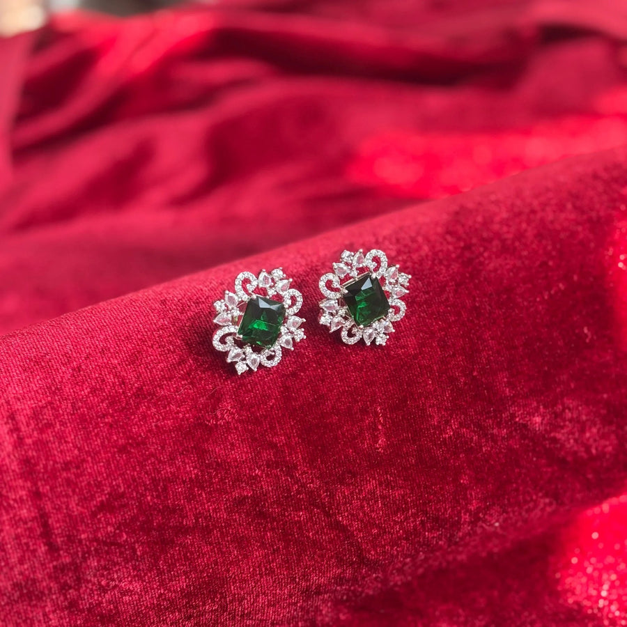Elara Emerald Green Stone American Diamond Earrings