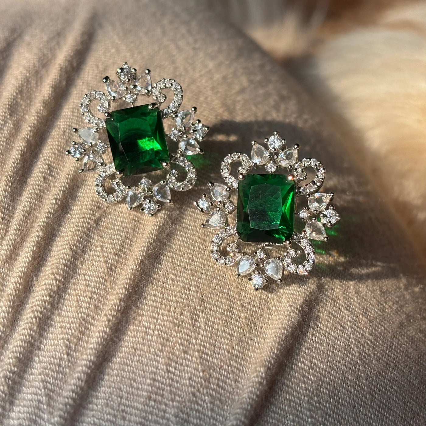 Elara Emerald Green Stone American Diamond Earrings - Jajra