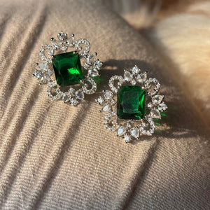 Elara Emerald Green Stone American Diamond Earrings - Jajra