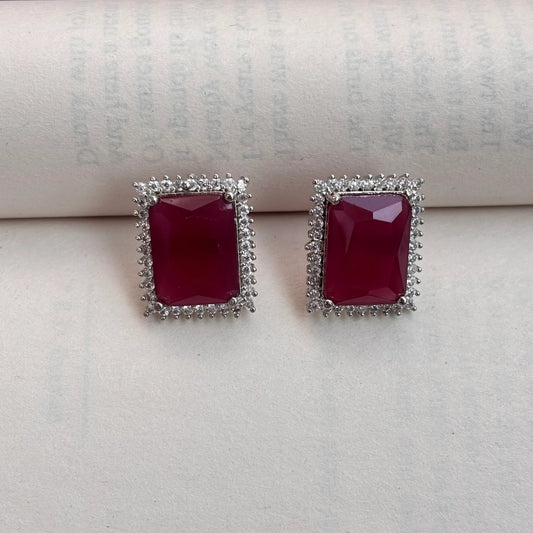 Elaris Rectangular Red Stone American Diamond Earrings - Jajra