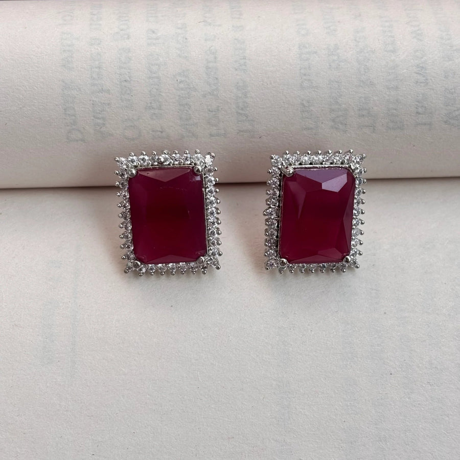 Elaris Rectangular Red Stone American Diamond Earrings