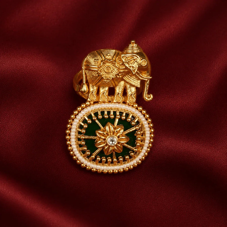 Elephant Motif Meenakari Pearl Brass Adjustable Ring