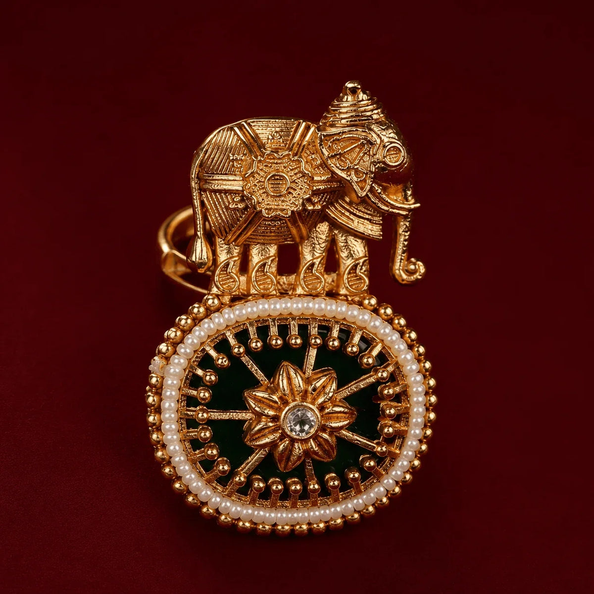 Elephant Motif Meenakari Pearl Brass Adjustable Ring - Jajra™