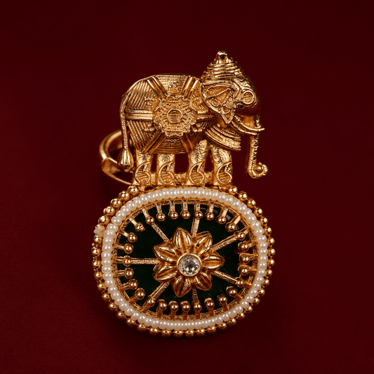 Elephant Motif Meenakari Pearl Brass Adjustable Ring - Jajra™