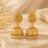 Gold-tone teardrop jhumka earrings with pearl bead fringe drops, front view