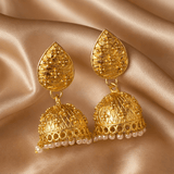 Gold-tone teardrop jhumka earrings with pearl dangle drops and textured dome