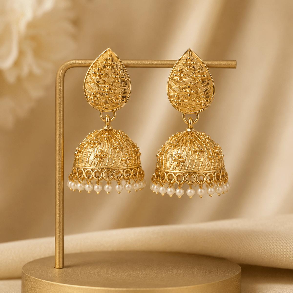 Gold-tone jhumka earrings with textured teardrop tops and pearl fringe dangles
