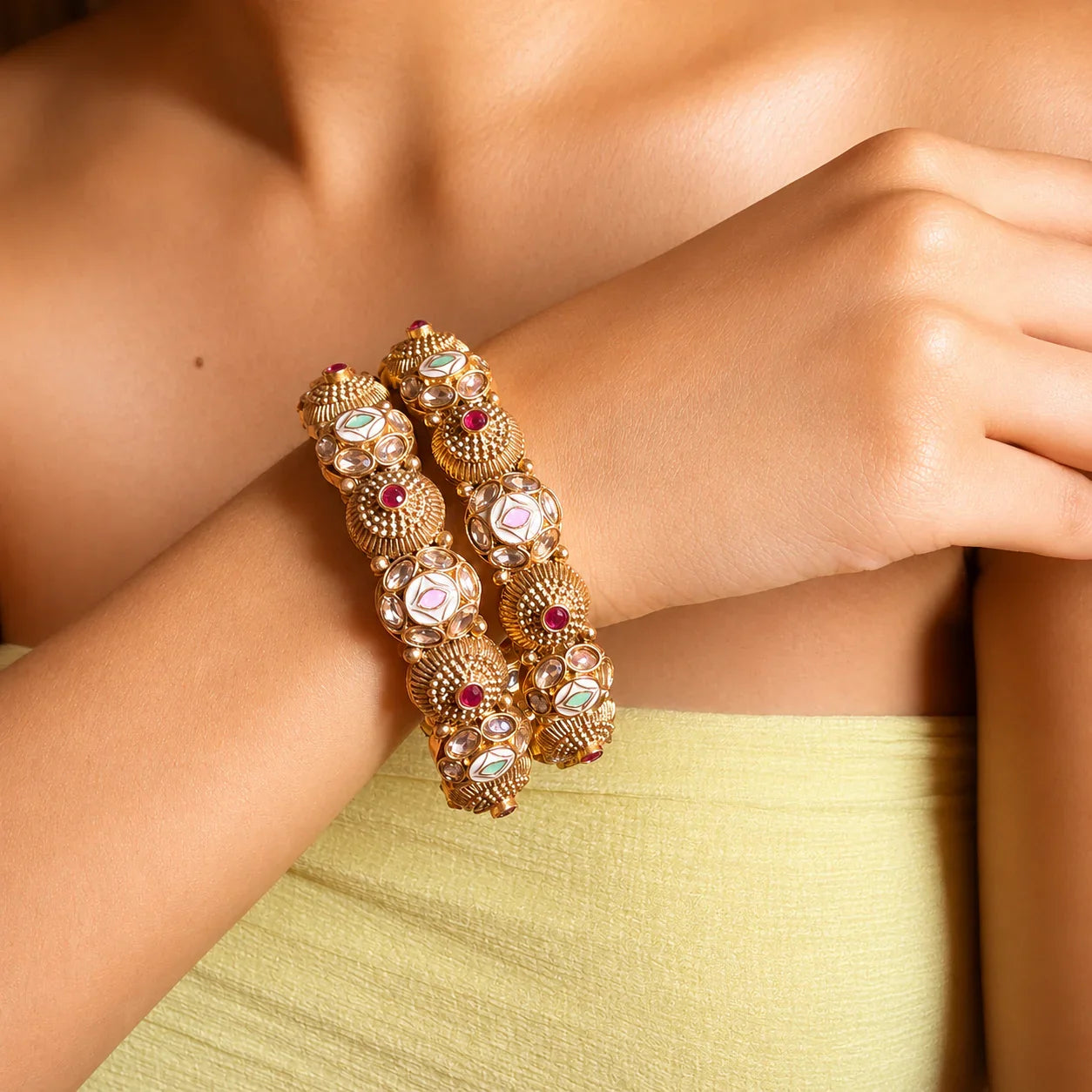 Gold Kundan Meenakari Kada Bangle Set - Jajra