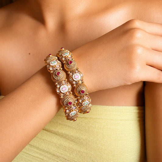 Gold Kundan Meenakari Kada Bangle Set - Jajra