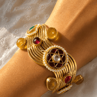 Gold Multicolor Stone Pearl Cuff Bracelet - Jajra