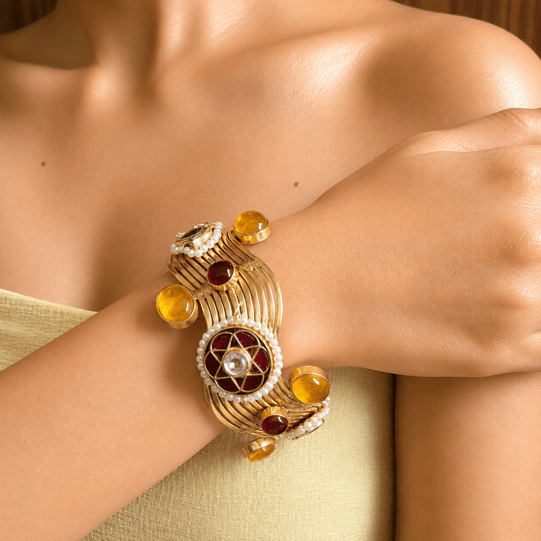 Gold Multicolor Stone Pearl Cuff Bracelet