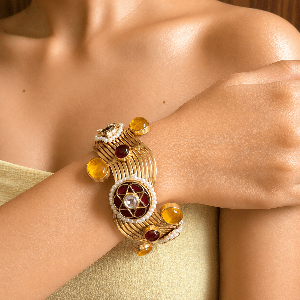 Gold Multicolor Stone Pearl Cuff Bracelet - Jajra