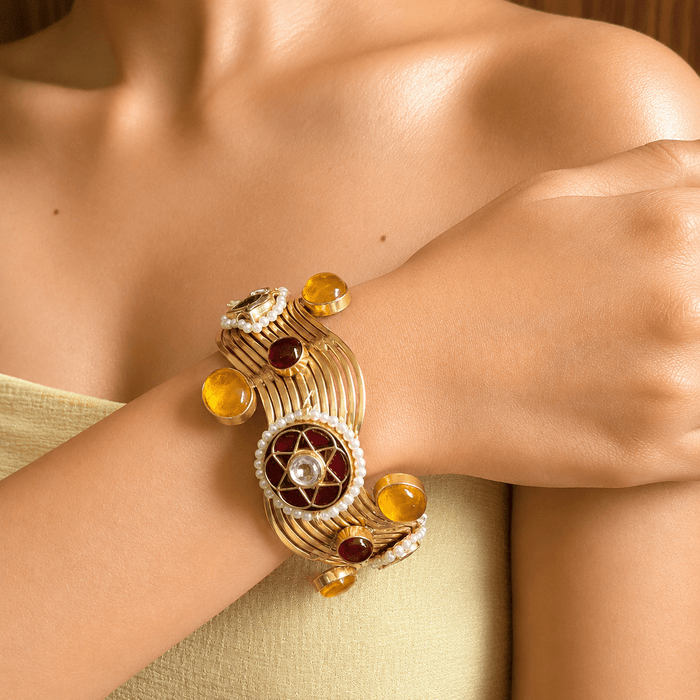 Gold Multicolor Stone Pearl Cuff Bracelet
