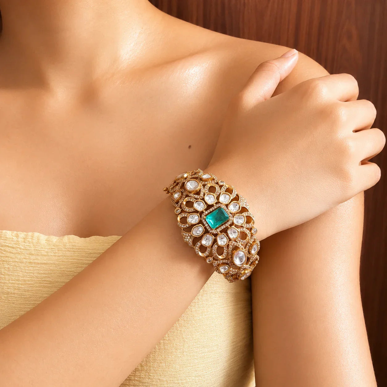 Green Kundan Stone Cuff Bracelet - Jajra