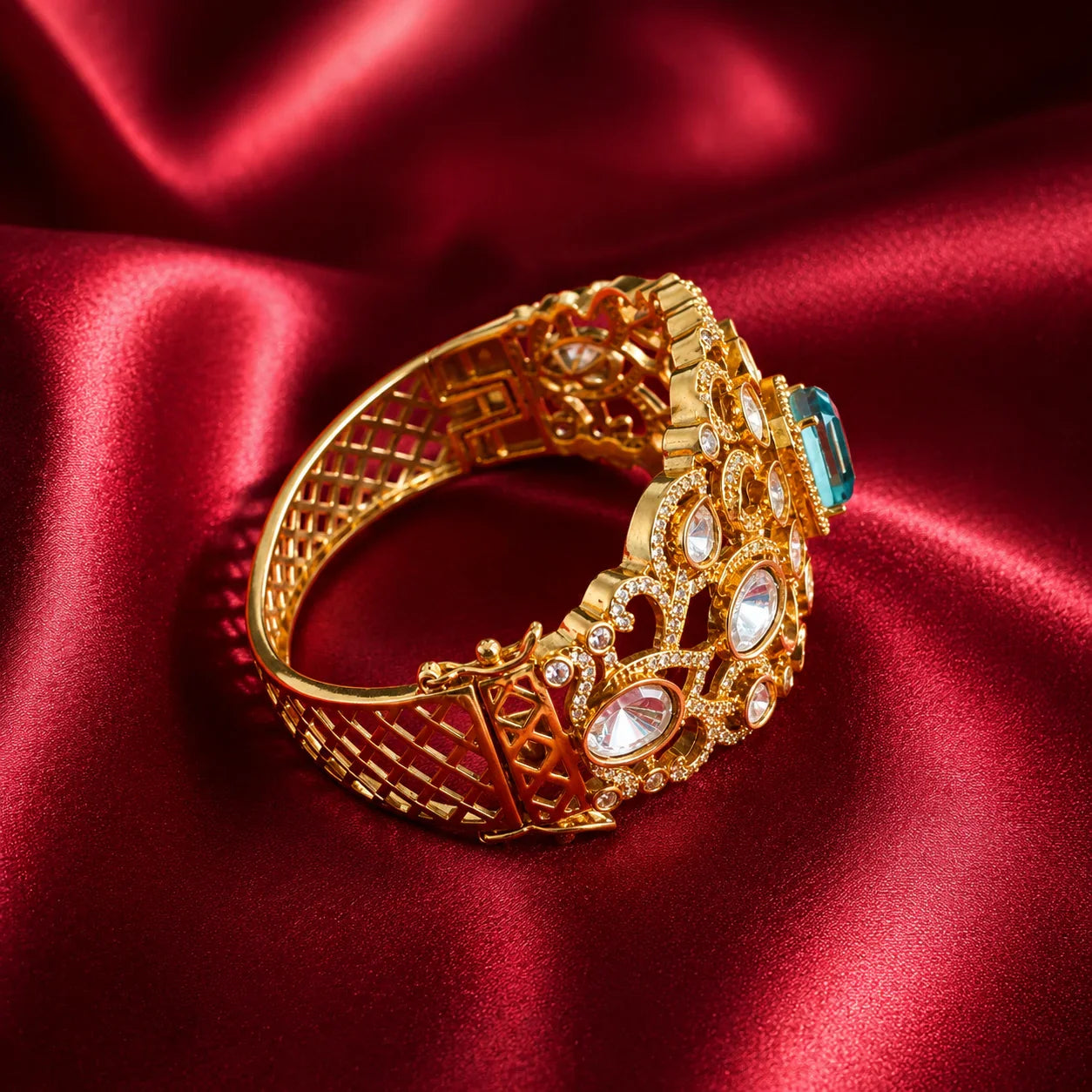 Green Kundan Stone Cuff Bracelet - Jajra