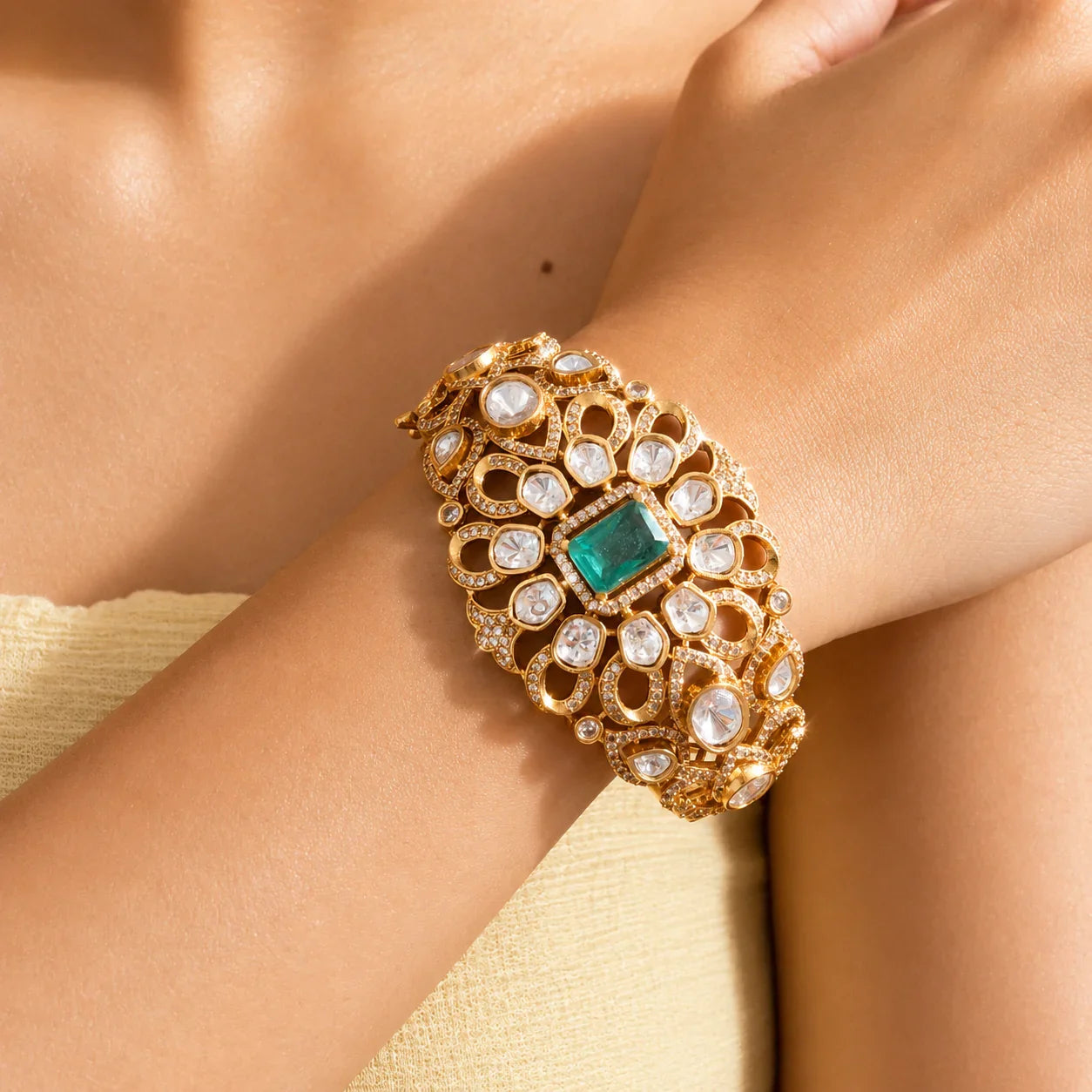 Green Kundan Stone Cuff Bracelet - Jajra