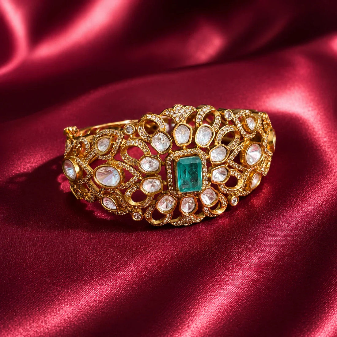 Green Kundan Stone Cuff Bracelet
