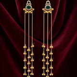 Green Stone Brass Long Chain Ghungroo Tassel Earrings - Jajra™