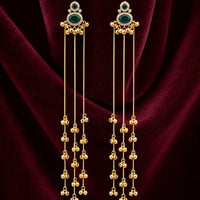 Green Stone Brass Long Chain Ghungroo Tassel Earrings - Jajra™
