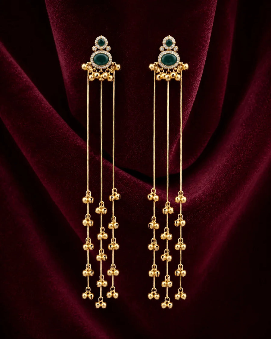 Green Stone Brass Long Chain Ghungroo Tassel Earrings