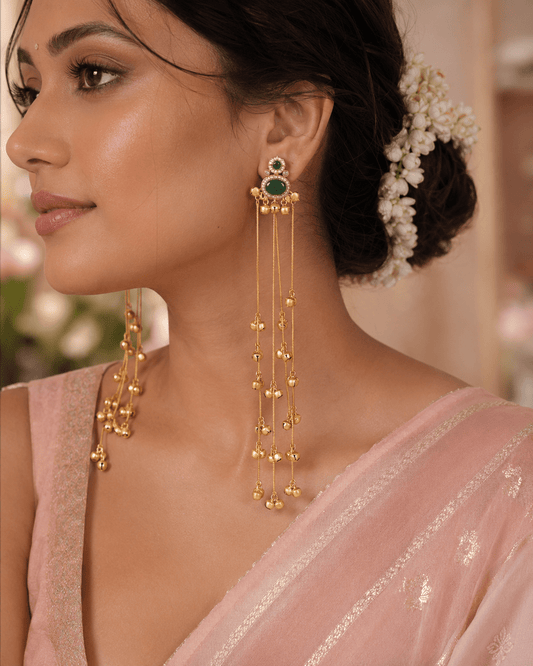 Green Stone Brass Long Chain Ghungroo Tassel Earrings - Jajra™