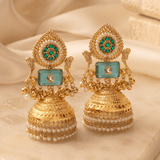 Green Stone Peacock Brass Jhumka Earrings with Pearls - Jajra™