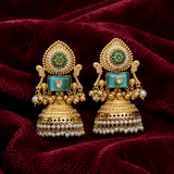 Green Stone Peacock Brass Jhumka Earrings with Pearls - Jajra™