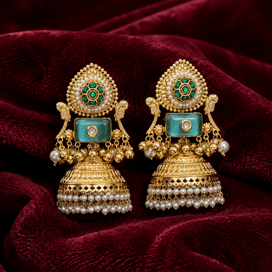 Green Stone Peacock Brass Jhumka Earrings with Pearls - Jajra™