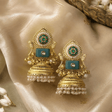 Green Stone Peacock Brass Jhumka Earrings with Pearls - Jajra™