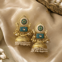 Green Stone Peacock Brass Jhumka Earrings with Pearls - Jajra™