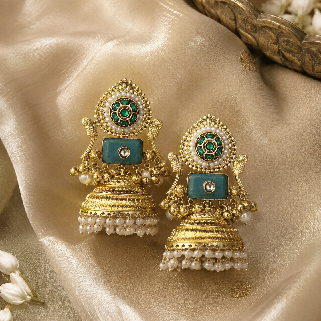 Green Stone Peacock Brass Jhumka Earrings with Pearls - Jajra™
