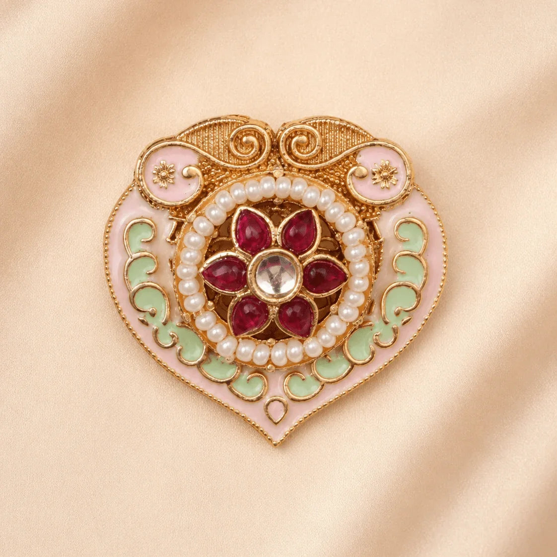 Heart-Shaped Meenakari Pearl Brass Statement Ring - Jajra™