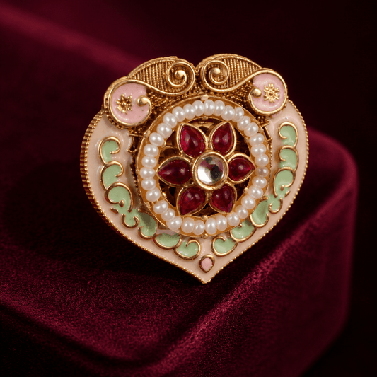 Heart-Shaped Meenakari Pearl Brass Statement Ring - Jajra™