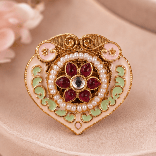 Heart-Shaped Meenakari Pearl Brass Statement Ring - Jajra™