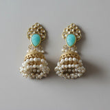 Jodhpuri Brass Green Temple Jhumka Earrings with Pearl Drops - Jajra