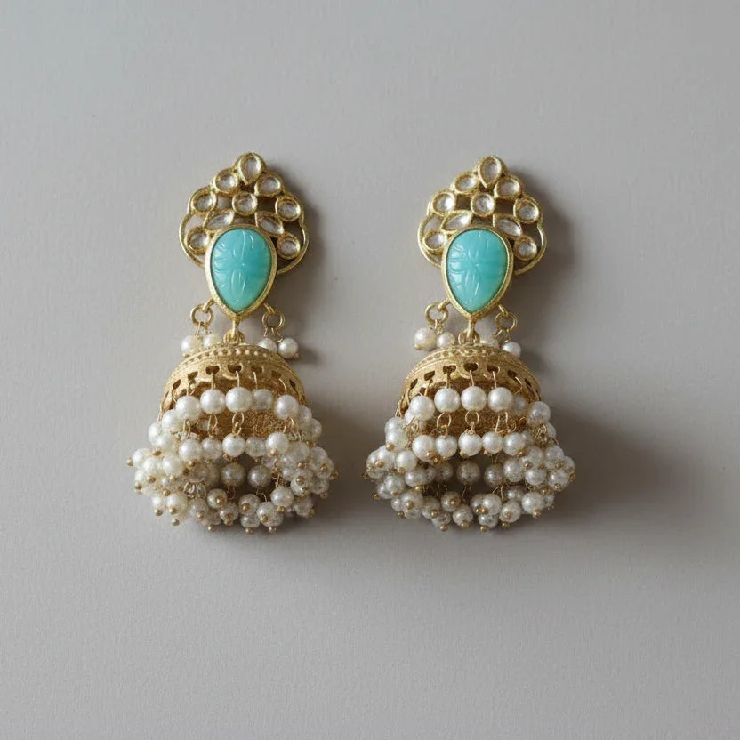 Jodhpuri Brass Green Temple Jhumka Earrings with Pearl Drops - Jajra