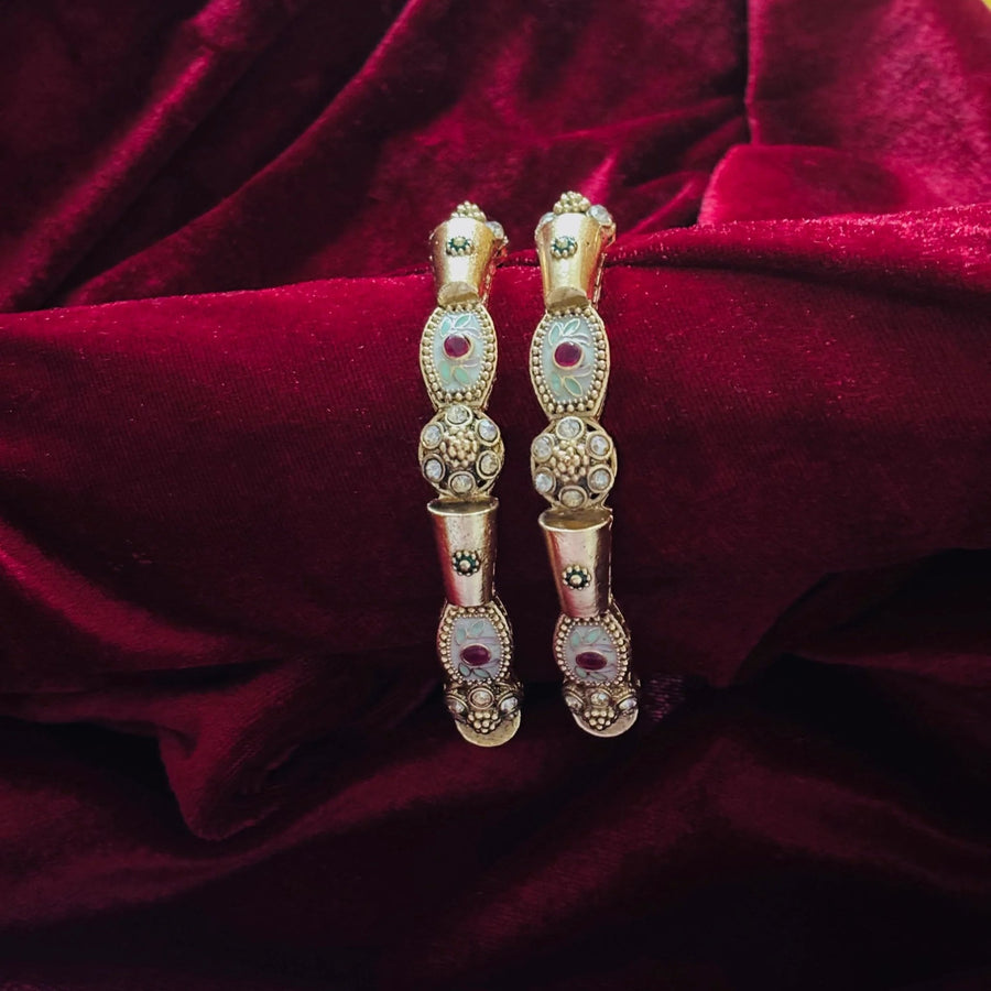 Mint Meenakari Stone Kada Bangle Pair