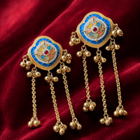 Meenakari brass long chain earrings with round blue enamel centers and multicolor enamel detailing